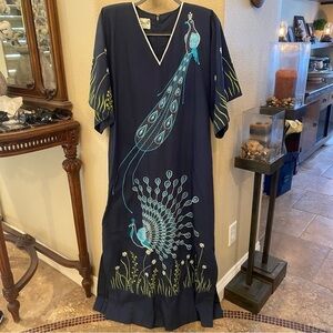 Vintage CHUCHI Women Blue Peacock Floral Embroidery Kaftan Maxi Dress Size Large